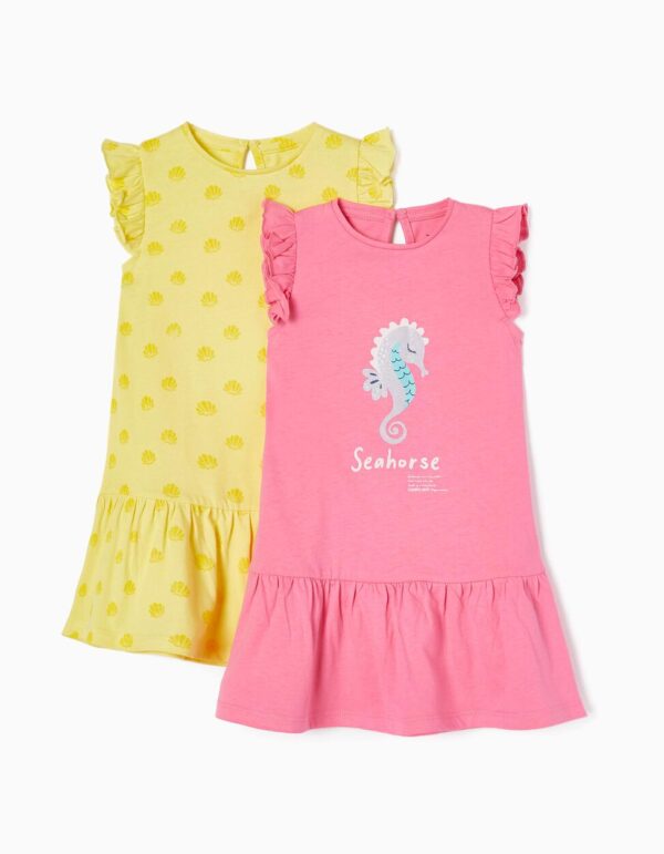 Pack 2 vestidos fucsia / amarillo bebé