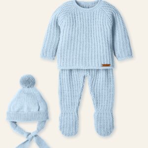 Conjunto punto con gorrito atado pompón azul
