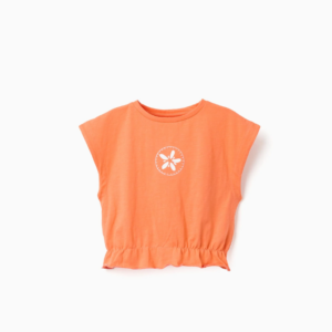 Camiseta estampado floral y volantes naranja