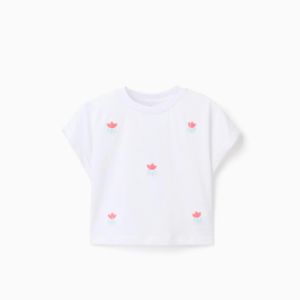 Camiseta corta con flores de lentejuelas blanco