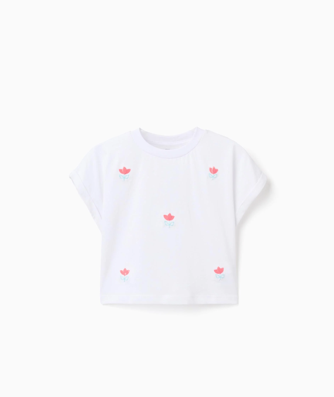 Camiseta corta con flores de lentejuelas blanco