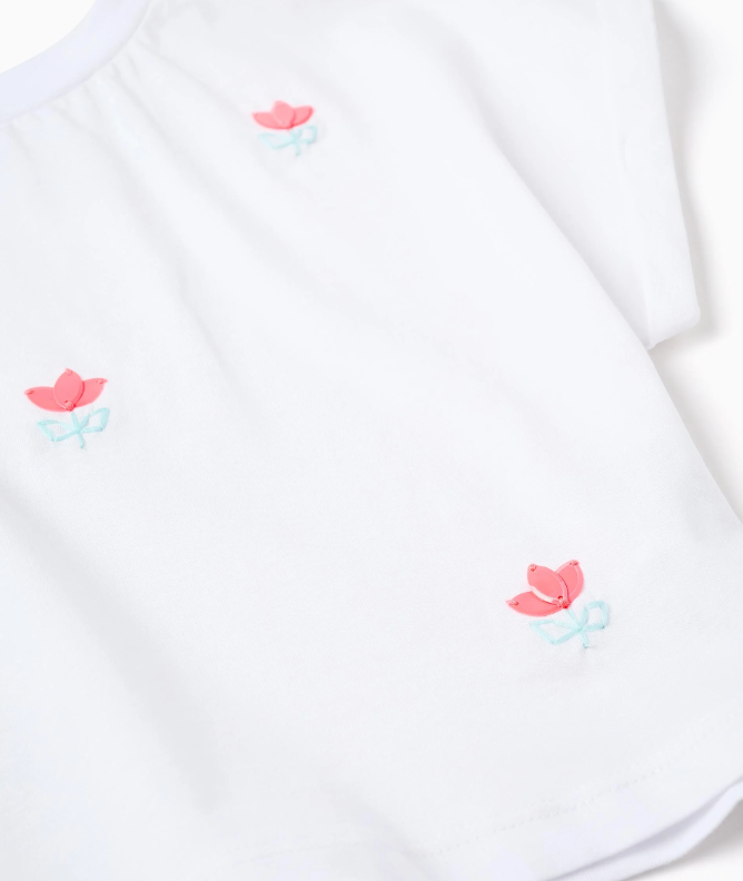 Camiseta corta con flores de lentejuelas blanco