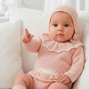 Conjunto 4p punto: culotte, gorro, patucos y jersey rosa
