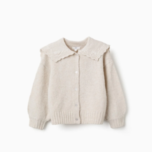 Chaqueta punto cuello bordado beige claro